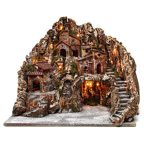 Aldeia miniatura para presépio napolitano iluminada gruta Natividade e rio funcionante 50x50x60 cm