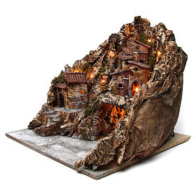 Aldeia miniatura para presépio napolitano iluminada gruta Natividade e rio funcionante 50x50x60 cm