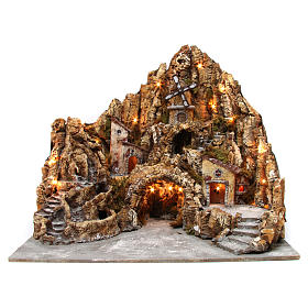 Illuminated Nativity in wood moss cork with mill stream oven 60X70X65 cm Neapolitan nativity