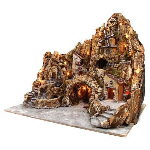 Illuminated Nativity in wood moss cork with mill stream oven 60X70X65 cm Neapolitan nativity 2