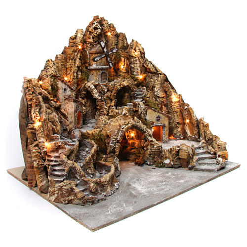 Illuminated Nativity in wood moss cork with mill stream oven 60X70X65 cm Neapolitan nativity 3