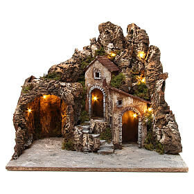 Otoczenie szopka podświetlana z grotą i domkami, 40x50x45 cm, drewno i korek