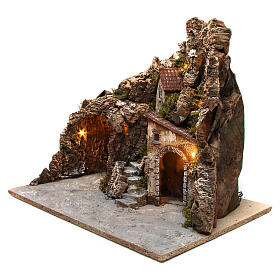Otoczenie szopka podświetlana z grotą i domkami, 40x50x45 cm, drewno i korek