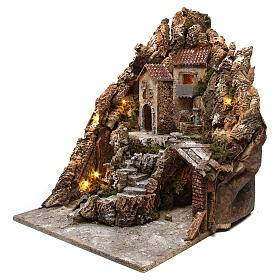 Presépio napolitano ambientação aldeia nas rochas iluminada com fontanário e forno 48X42X48 cm