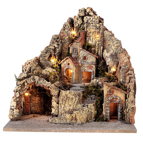 Hamlet with lights and cave in wood and cork for Neapolitan Nativity Scene 35x45x35 cm 1