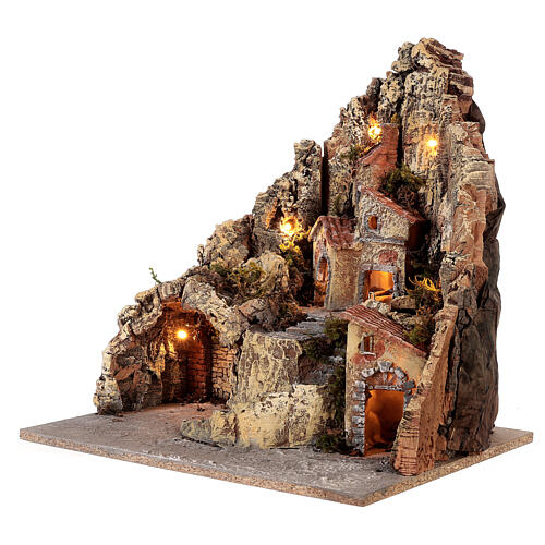 Hamlet with lights and cave in wood and cork for Neapolitan Nativity Scene 35x45x35 cm 2