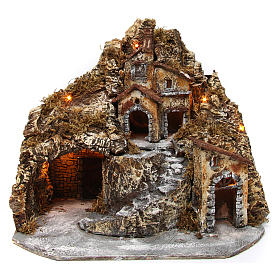 Belén napolitano: Aldea belén napolitano iluminado con cueva 35x45x35 cm madera y corcho
