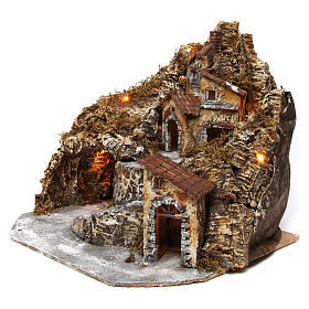 Belén napolitano: Aldea belén napolitano iluminado con cueva 35x45x35 cm madera y corcho