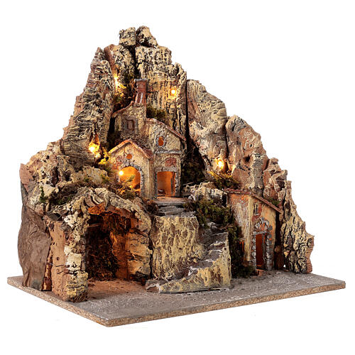 Borgo presepe napoletano illuminato con grotta 35X45X35 cm legno e sughero 3