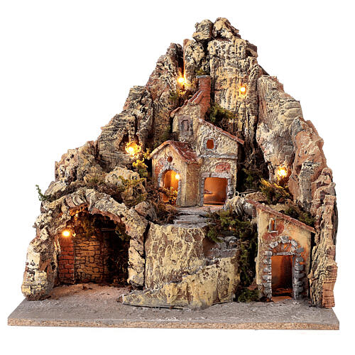 Illuminated Village Neapolitan nativity with cave 35X45X35 cm wood and cork 1