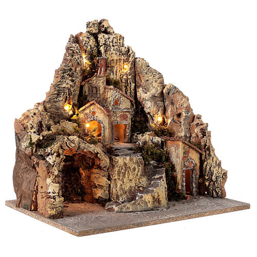 Illuminated Village Neapolitan nativity with cave 35X45X35 cm wood and cork 3