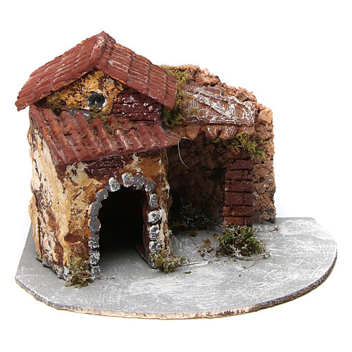 Neapolitan Nativity house in resin on wooden base with porch and open door 15x20x20 cm 1