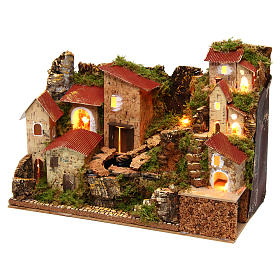 Aldeia iluminada com rio 33x18x24 cm presépio