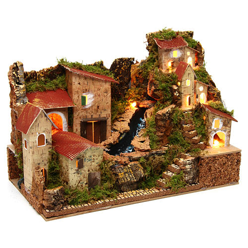 Illuminated Rustic Village with Stream 33x18x24 cm Nativity 3