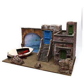 Ambientazione presepe con mare casa 35x58x35 presepe 12 cm