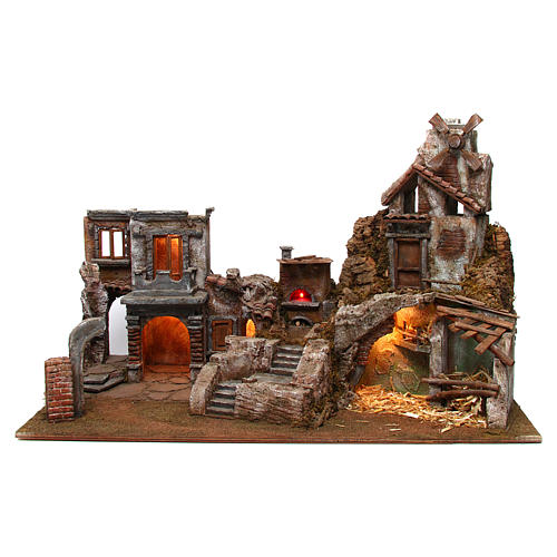 Borgo presepe con mulino e luci 50x80x40 presepe 10 cm 1