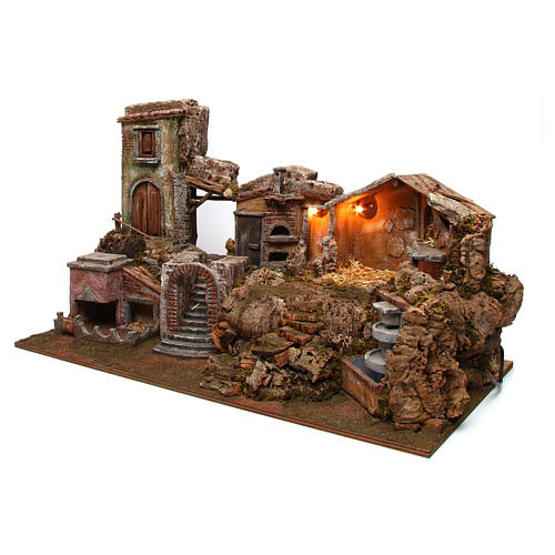Nativity scene village with fountain and lights 80x40x50 cm 2