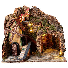 Nativity scene setting with wind mill 45x30x35 cm for 8-10 cm characters