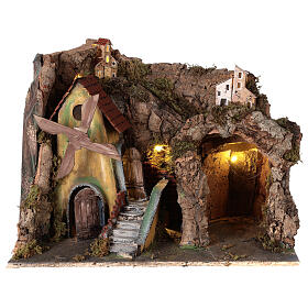 Nativity scene setting with windmill and lighted stable 45x30x35 cm