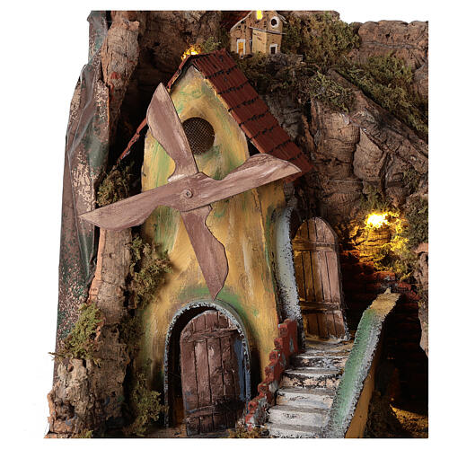 Nativity scene setting with windmill and lighted stable 45x30x35 cm 2
