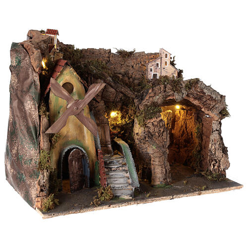 Nativity scene setting with windmill and lighted stable 45x30x35 cm 4