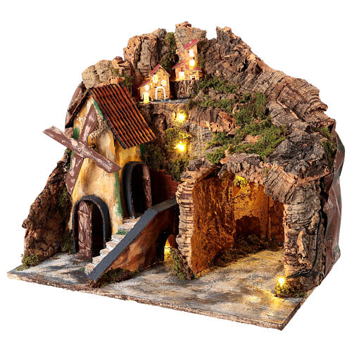 Nativity scene setting with windmill and lighted stable 45x30x35 cm 3