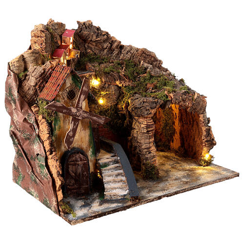 Nativity scene setting with windmill and lighted stable 45x30x35 cm 4