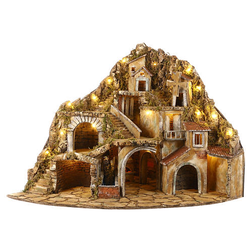 Village for Neapolitan Nativity scene with fire, lights, fountain and mill 75x105x80 cm 1