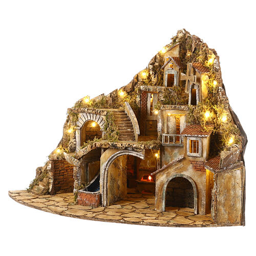 Village for Neapolitan Nativity scene with fire, lights, fountain and mill 75x105x80 cm 3