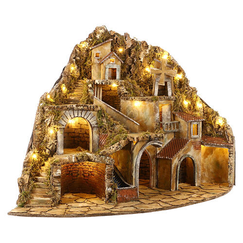 Village for Neapolitan Nativity scene with fire, lights, fountain and mill 75x105x80 cm 4