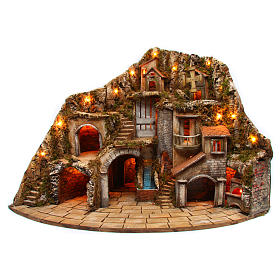 Belén napolitano: Aldea belén Nápoles fuego luces fuente molino 75x105x80 cm