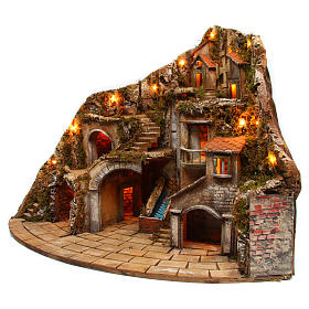 Belén napolitano: Aldea belén Nápoles fuego luces fuente molino 75x105x80 cm