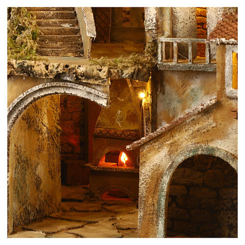 Mieścina podświetlana szopki z Neapolu z ogniem, fontanną i wiatrakiem, 75x105x80 cm 2
