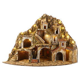 Hamlet for Neapolitan Nativity scene with fire, lights, fountain and mill 75x105x80 cm