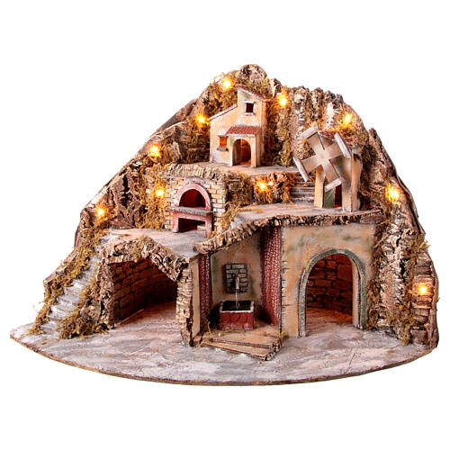 Village for Neapolitan Nativity scene with lights, wind mill and fire 60x85x60 cm 1