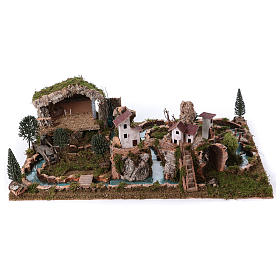 Paesaggio presepe con fiume casette grotta 20x75x50 cm