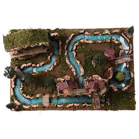Paesaggio presepe con fiume casette grotta 20x75x50 cm