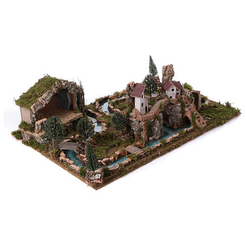 Krajobraz z rzeką, domkami i grotą do szopki, 20x75x50 cm 4