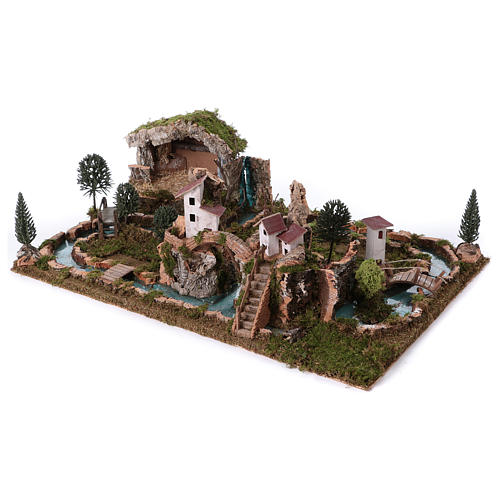 Cenário para presépio com rio, casas e gruta 20x75x50 cm 3
