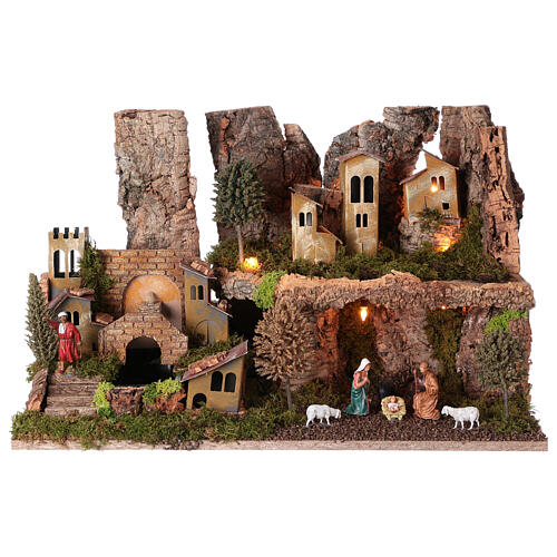 Village setting for Nativity scene with fountain, cave and lights 35x55x40 cm 1