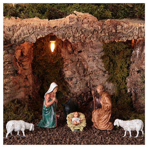 Village setting for Nativity scene with fountain, cave and lights 35x55x40 cm 2