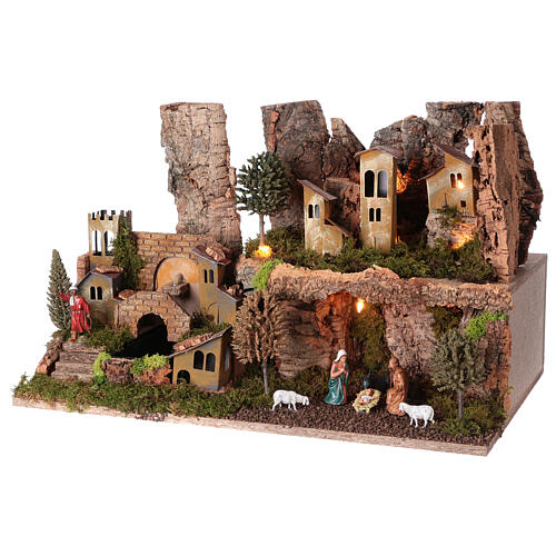 Village setting for Nativity scene with fountain, cave and lights 35x55x40 cm 3