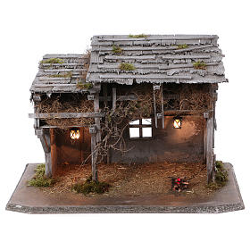 Nativity scene stable in wood, Luhe model, with lights and fire for 14-15 cm Nativity scene