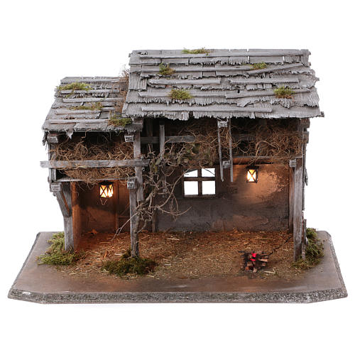 Nativity scene stable in wood, Luhe model, with lights and fire for 14-15 cm Nativity scene 1