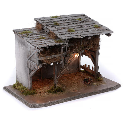 Nativity scene stable in wood, Luhe model, with lights and fire for 14-15 cm Nativity scene 3