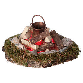 Fornos e Fogueiras para o Presépio: Fogueira de bivaque com panela luz gerador de fumo eléctrico para presépio 8 cm