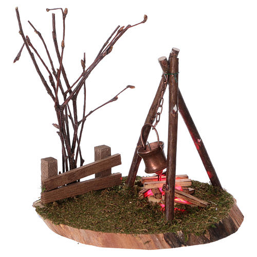 Bonfire and copper pot with light and smoke effect 15x13x10 cm, for 8 cm nativity 1