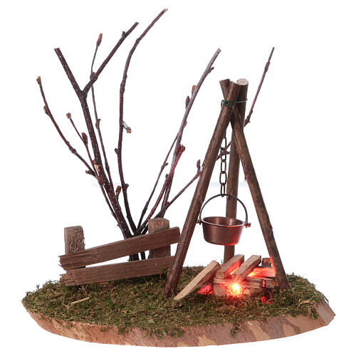 Fire with pot, flickering light and branches 15x13x10 for 8cm Nativity Scenes 1