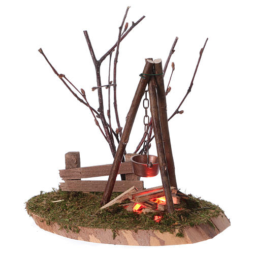 Fire with pot, flickering light and branches 15x13x10 for 8cm Nativity Scenes 2