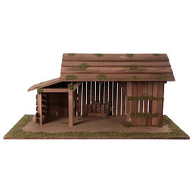 Cabana de madeira com estábulo 31x70x35 cm para presépio com figuras de 15 cm de altura média